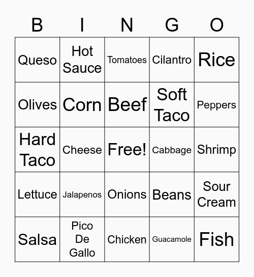 Nacho Average Taco Night Bingo Card