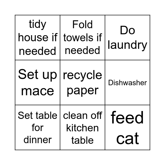 Monday chores Bingo Card