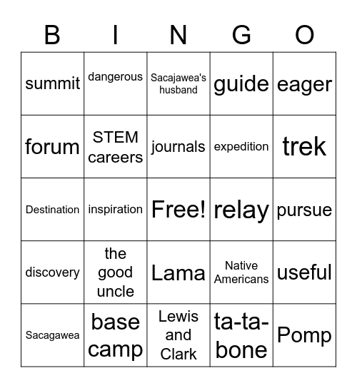 Sacajawea, Everest, and Barrington Irving Unit 3 Test Review Bingo Card