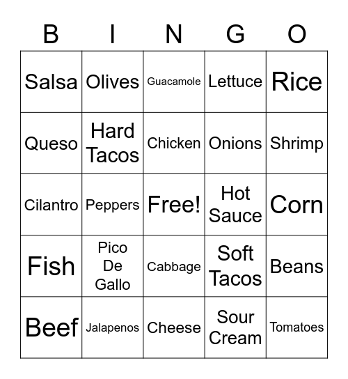 Nacho Average Taco Night Bingo Card