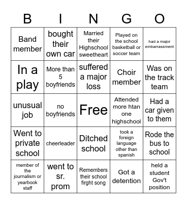 High School Memories Bingo Card
