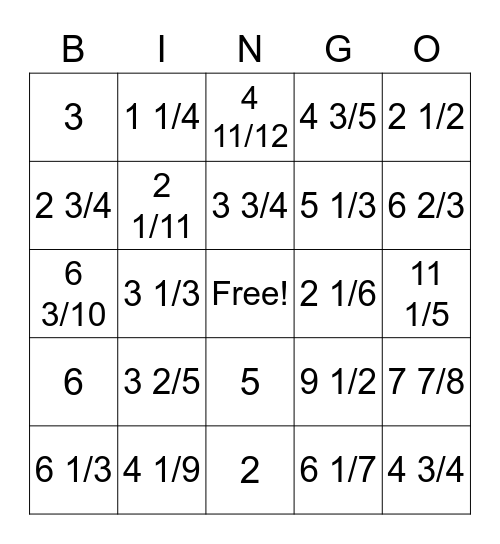 Fraction Converting! Bingo Card