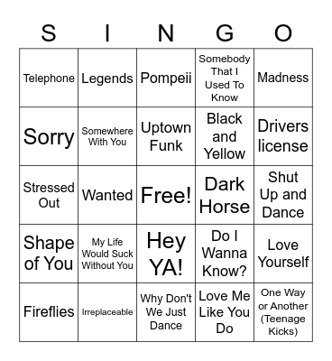 February Hits Singo Bingo Card