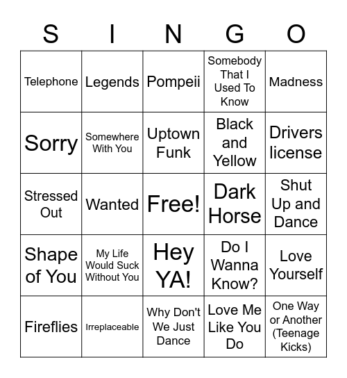February Hits Singo Bingo Card
