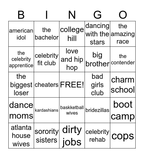 Reality T.V.  Bingo Card