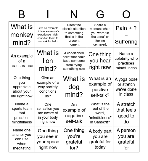 Mindfulness Bingo Card