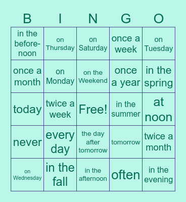 Time Expressions (English) Bingo Card