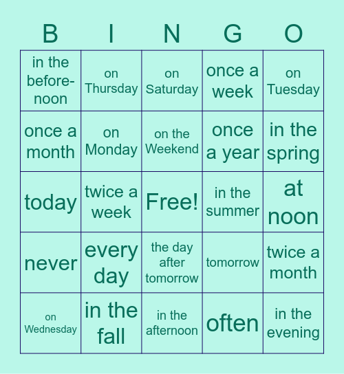 Time Expressions (English) Bingo Card