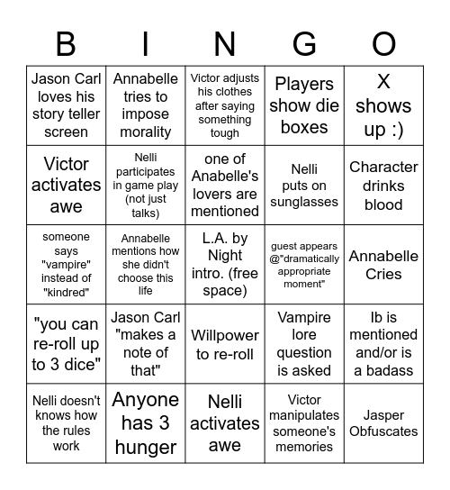 L.A. by Night (season one) Bingo Card