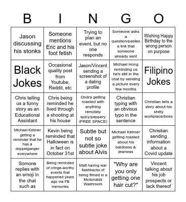 Facebook Group Chat Bingo Card