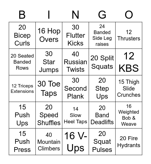 Fitness Bingo Card