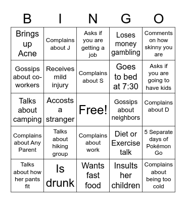 Your Sister Bingo Card