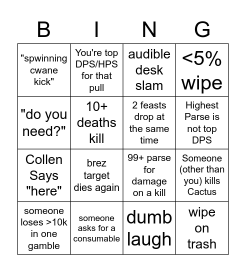 Raid Bing Bingo Card