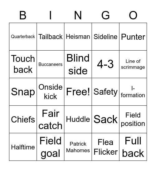 Super Bowl LV Bingo Card