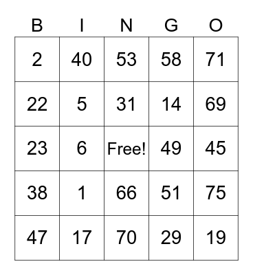 bingo zone Bingo Card