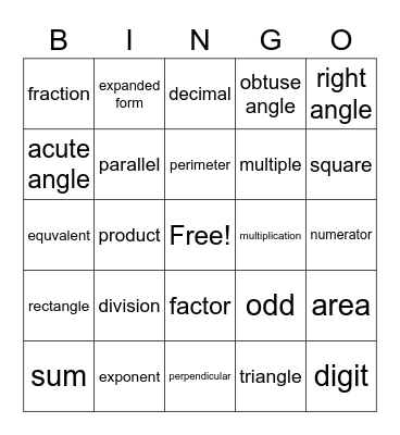 Math Vocabulary Bingo Card