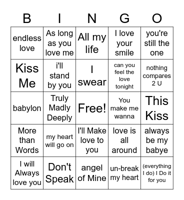 90s Love Songs Bingo Card