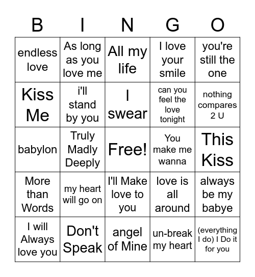 90s Love Songs Bingo Card
