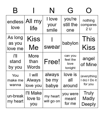 90s Love Songs Bingo Card