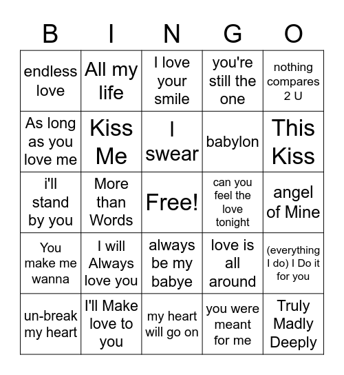 90s Love Songs Bingo Card