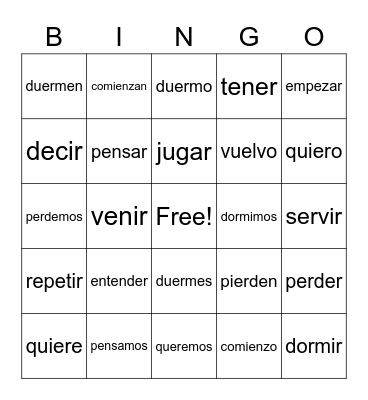 Spanish Shoe Verbs Bingo Card