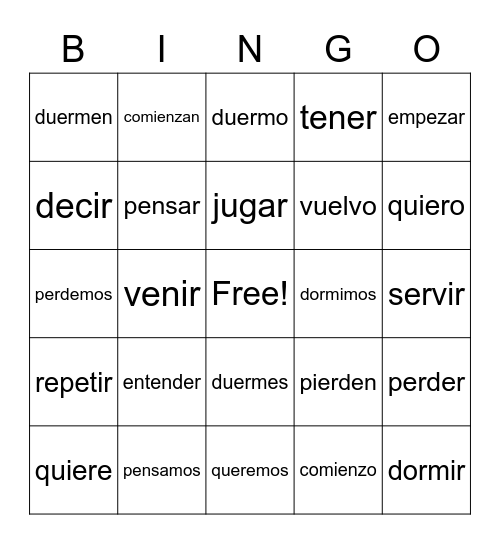 Spanish Shoe Verbs Bingo Card