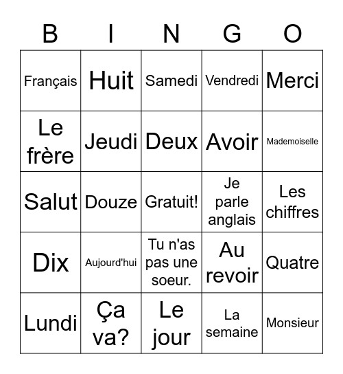 French Week 1 Bingo Card