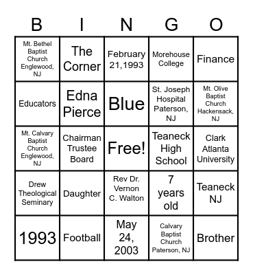 Pastor Sullivan's 50th Birthday Celebration Bingo Card