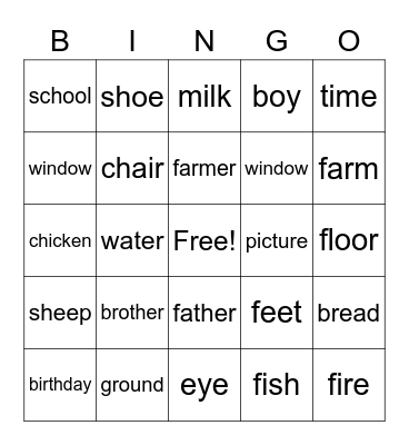 Common Nouns Bingo Card