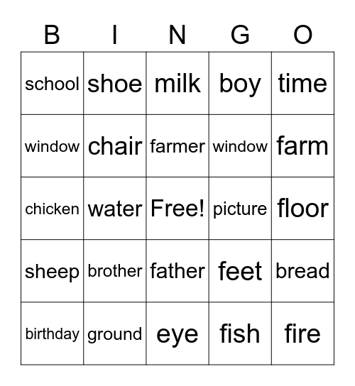 Common Nouns Bingo Card