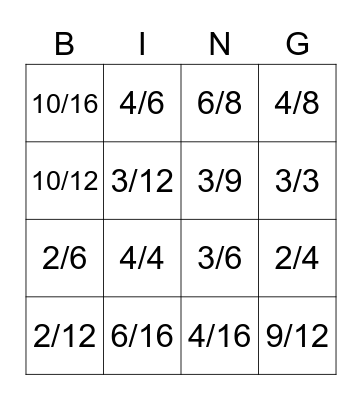 Equivalent Fraction  Bingo Card