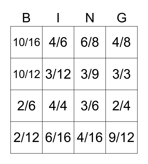Equivalent Fraction  Bingo Card
