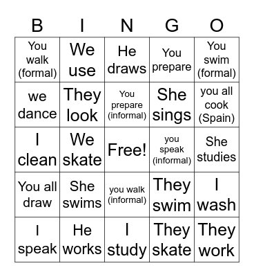Ar Verbs Present Tense Bingo Card