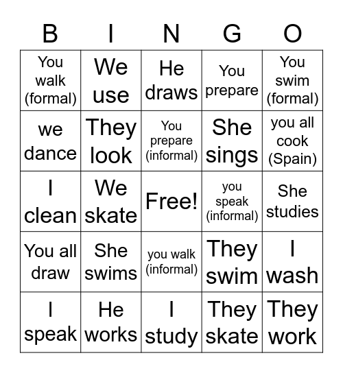 Ar Verbs Present Tense Bingo Card