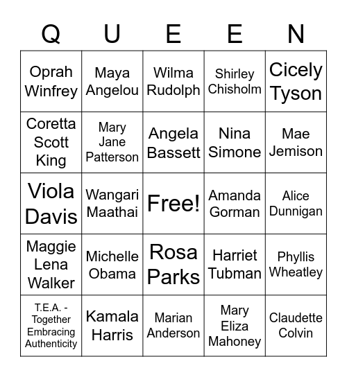 Queens of Black History Bingo Card