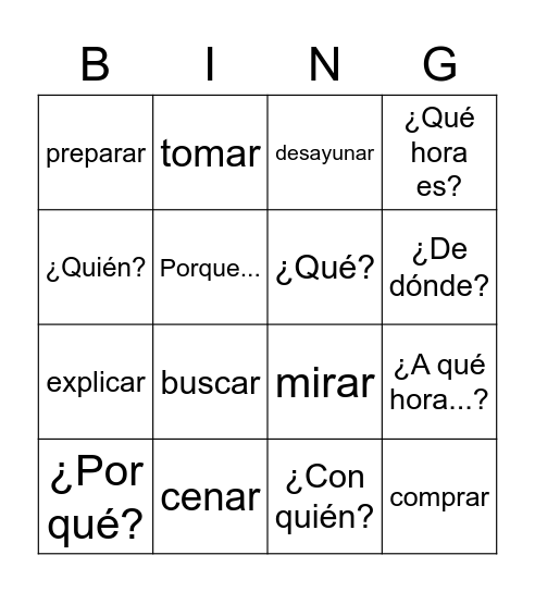Los verbos -ar y las palabras interrogativas Bingo Card