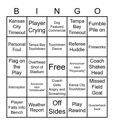 Super Bowl 2021 Bingo Card