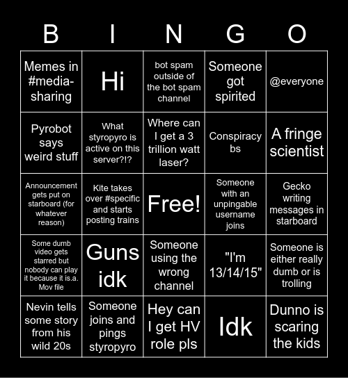 Styropyro discord server bingo V1.1 Bingo Card