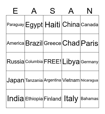 Map of the World Bingo Card