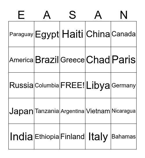 Map of the World Bingo Card