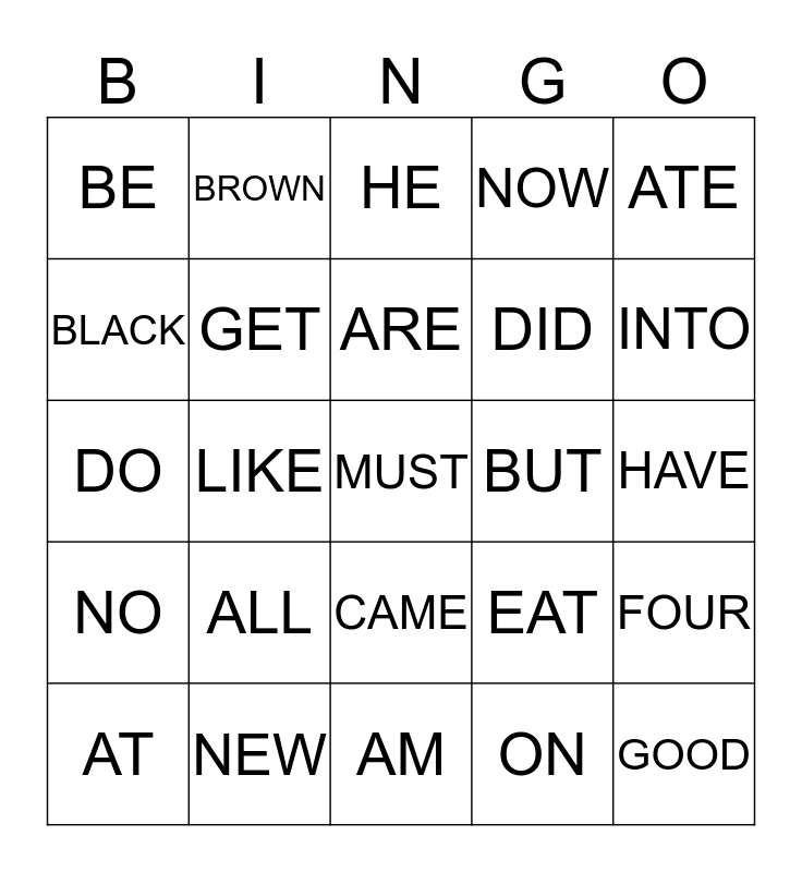 Kindergarten 1 Bingo Card