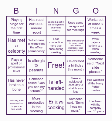 Virtual Team Bingo Card