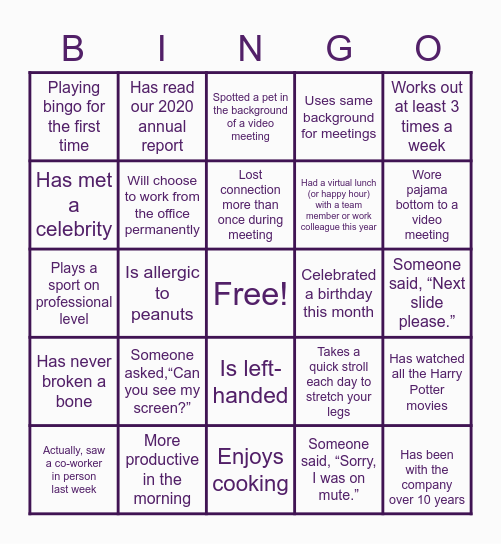 Virtual Team Bingo Card