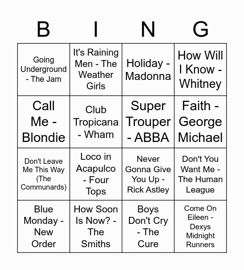 80s (ish) bingo! Bingo Card