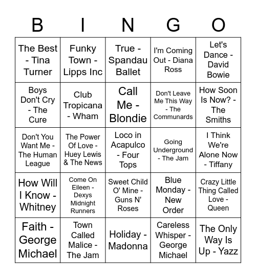 80s (ish) Bingo! Bingo Card