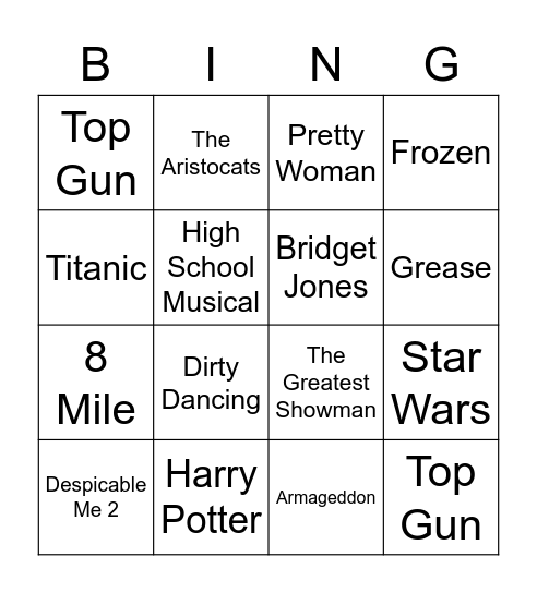 Songs featured in these films Bingo Card