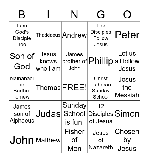12 Disciples BINGO - Christ Lutheran Sunday School Bingo Card