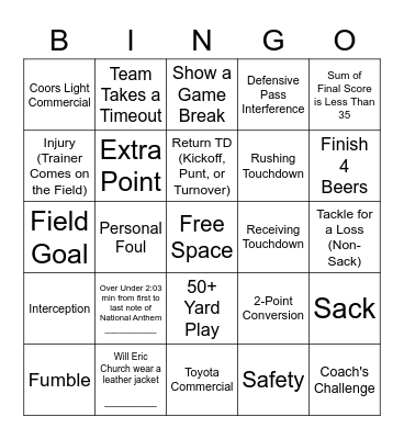 Football Prop Bet Bingo Card