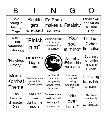 Mortal Kombat 2021 Movie Bingo Card