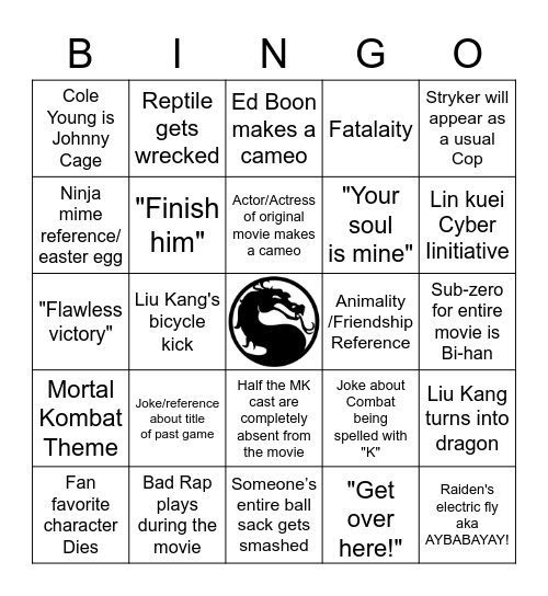 Mortal Kombat 2021 Movie Bingo Card